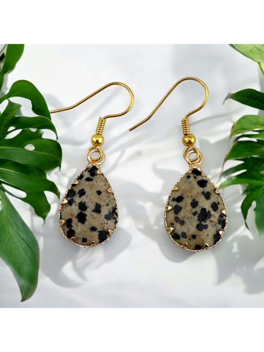 Dalmatian Jasper Teardrop Earrings Gold Plated Dangle Faceted Gemstone Handmade